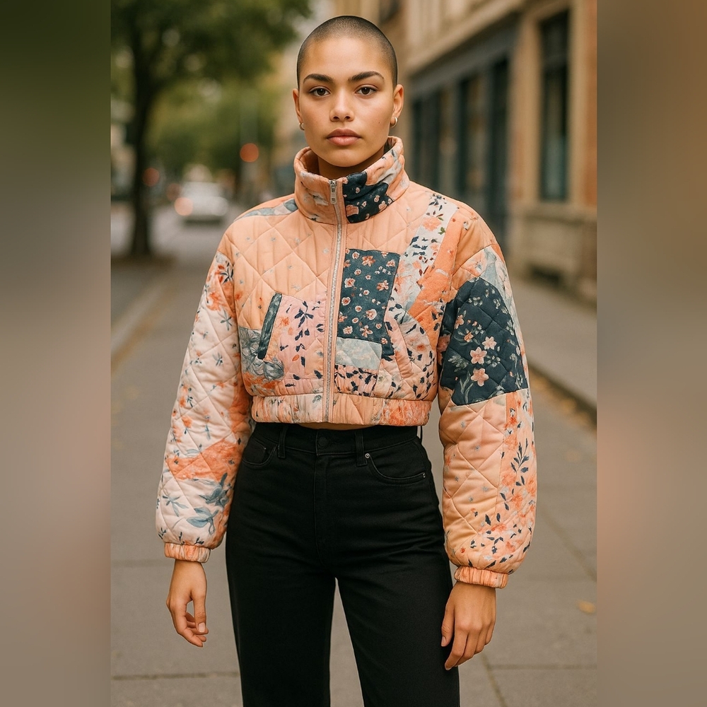 Alter'd State Floral Patchwork Quilted Cropped Puffer Jacket